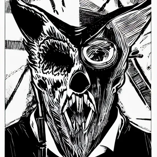 Prompt: a comic of a man wearing a skull fox mask, trending on artstation, highly detailed, sin city, frank miller,