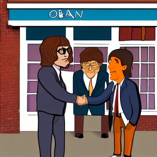 Prompt: john lennon shakes hand with obama outside quaint cafe in the city, cartoon style digital art