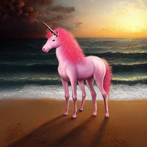 Prompt: a pink unicorn wearing headphones, at a beach party in Ibiza, Greg Rutkowski, art station