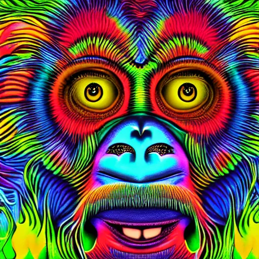 Image similar to psychedelic monkey sad thinking about the life, multicolor