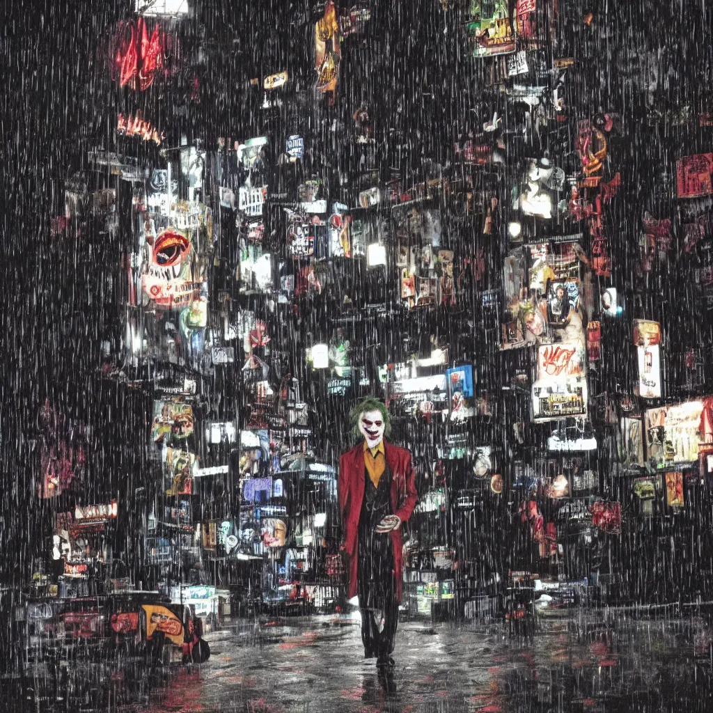 Image similar to flash photography of the joker on the lower east side by annie leibovitz, colorful!!, nighttime!, raining!