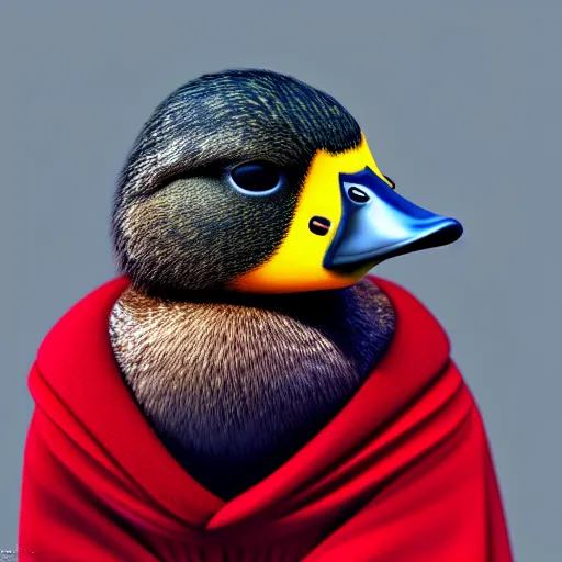 Image similar to photorealistic cute mallard duck, wearing cultist red robe, standing at an altar, black feathers, glowing arcane eyes, very detailed black feathers, ultra detailed, cgi, photorealistic, unreal engine 5, nft portrait, 3 d, digital art, 8 k, octane render, trending on art station