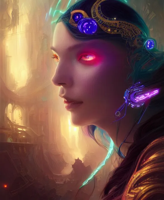 Image similar to a whirlwind of souls rushing inside the metaverse, half body, glowin eyes, tiara with sapphire, pharaoh, android, cyberpunk, d & d, fantasy, intricate, elegant, highly detailed, colorful, vivid color, digital painting, artstation, concept art, art by artgerm and greg rutkowski and alphonse mucha and ruan jia