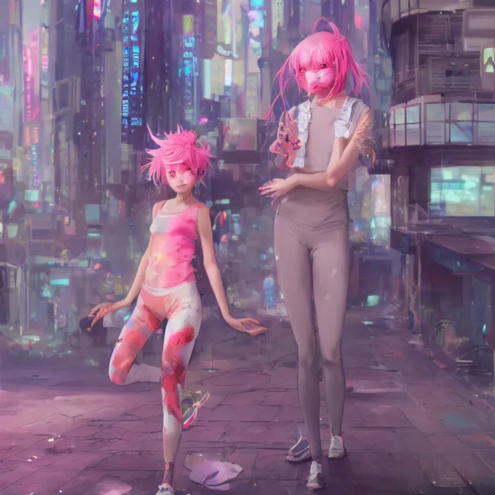 Image similar to a beautiful fullbody portrait of a cute anime girl with pink hairs barefoot wearing sport clothing and leggings under shorts in cyberpunk city. character design by cory loftis, fenghua zhong, ryohei hase, ismail inceoglu and ruan jia. artstation, volumetric light, detailed, photorealistic, fantasy, rendered in octane, rim light