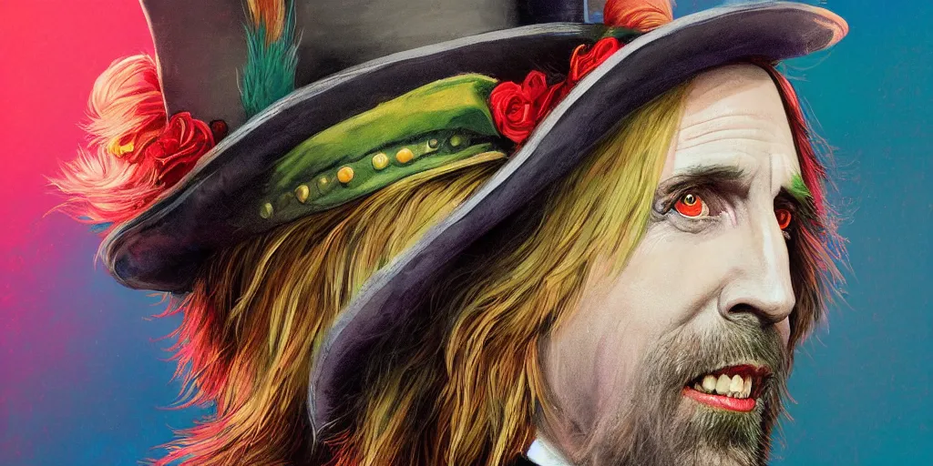 Image similar to tom petty as the mad hatter portrait, colorful, contrast, kim jung gi, greg rutkowski, zabrocki, karlkka, jayison devadas, trending on artstation, 8 k, ultra wide angle, zenith view, pincushion lens effect