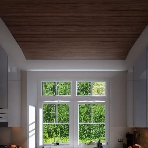 Image similar to kitchen roof lantern led strip lighting, realistic, wide shot, octane render, house and home, home and garden, hyper realistic, high quality, highly detailed, hd, beautiful, cinematic, 8 k, unreal engine,