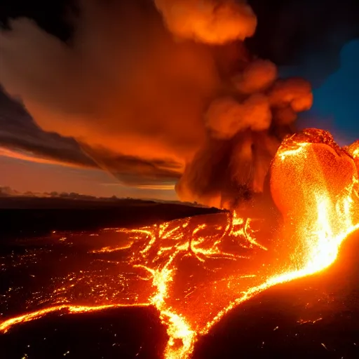 Image similar to dramatic photograph of pele the goddess of volcanos and fire erupting from the top of a hawaiian volcano surounded by carved wooden tiki statues, spooky, beautiful, dramatic lighting