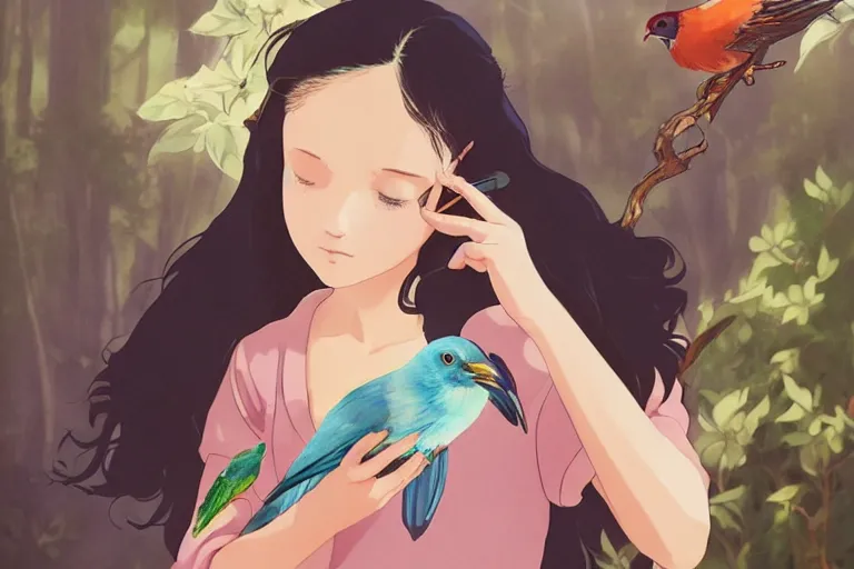 Image similar to young pretty girl holding a bird in her hands, looking touched, Fragile looking character portrait , beautiful scene; highly detailed art, by Studio Ghibli , High contrast, anime art