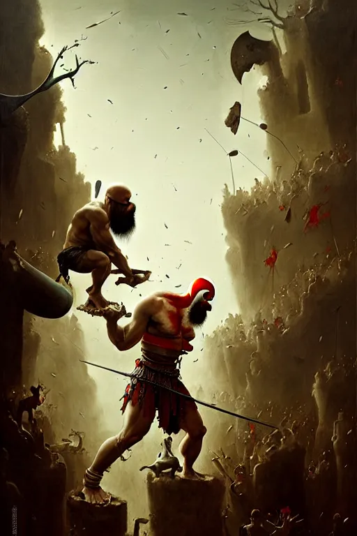 Image similar to hieronymus bosch, greg rutkowski, anna podedworna, painting of kratos fighting weird al yankovich