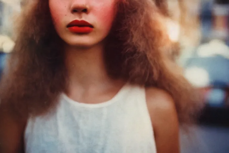 Image similar to 7 0 s street photography, close - up portrait, light shining on model lips, soft light, no focus