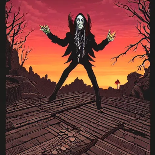 Image similar to vampire Mortiis floating in the air, sunset by Dan Mumford. Wearing leather and spikes