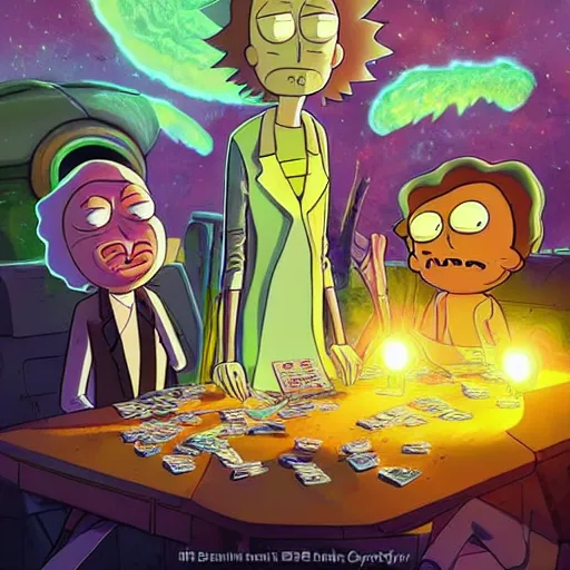 Image similar to rick and morty playing cards with aliens, ultra detailed fantasy, dndbeyond, bright, colourful, realistic, dnd character portrait, full body, pathfinder, pinterest, art by ralph horsley, dnd, rpg, lotr game design fanart by concept art, behance hd, artstation, deviantart, hdr render in unreal engine