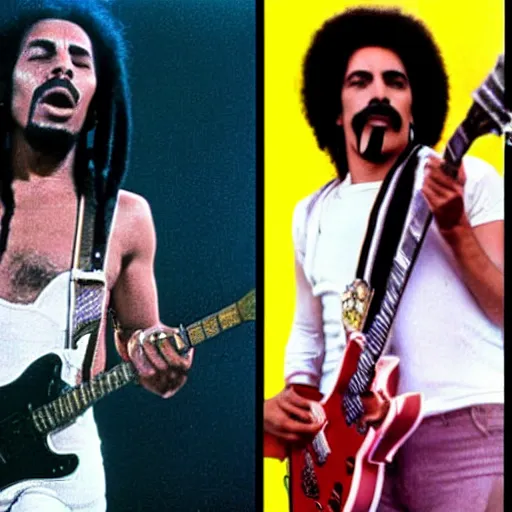 Prompt: bob marley and freddie mercury from queen performing at coachella, color photos, live concert