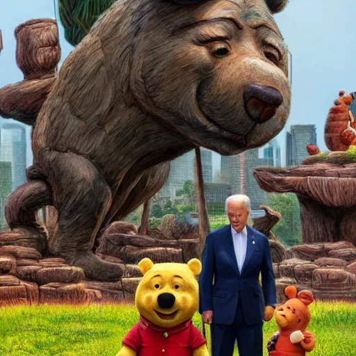 Prompt: Joe Biden standing in front of a massive horrifying statue of Winnie the Pooh wearing a Chinese hat. Highly detailed painting Greg rutkowski. Good clear quality, high detail, octagon render 8k