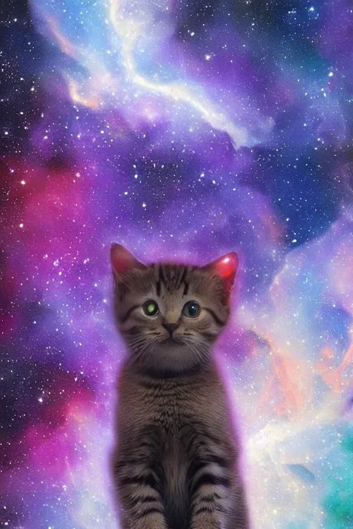 Prompt: A cat nebula, space colors, beautiful painting, cute kitten