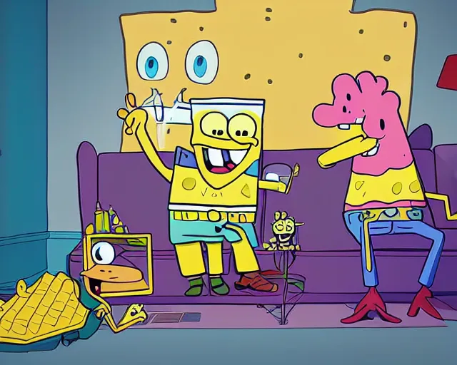 Prompt: spongebob and patrick doing drugs in patricks house, digital art, artstation, amazing detail