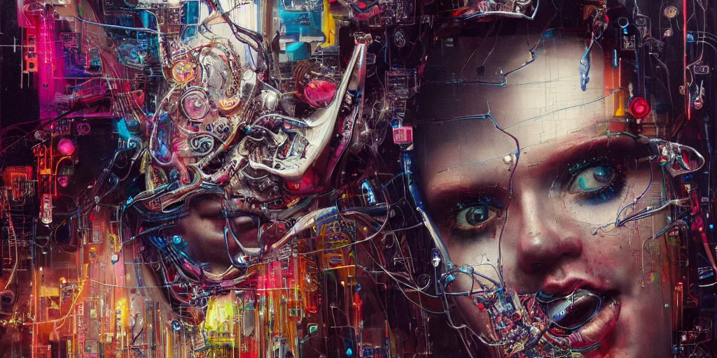 Prompt: portrait of computer & circuits, melting, 8 k, by tristan eaton, stanley artgermm, tom bagshaw, greg rutkowski, carne griffiths, ayami kojima, beksinski, giger, trending on deviantart, face enhance, hyper detailed, minimalist, cybernetic, android, blade runner, full of colour, super detailed