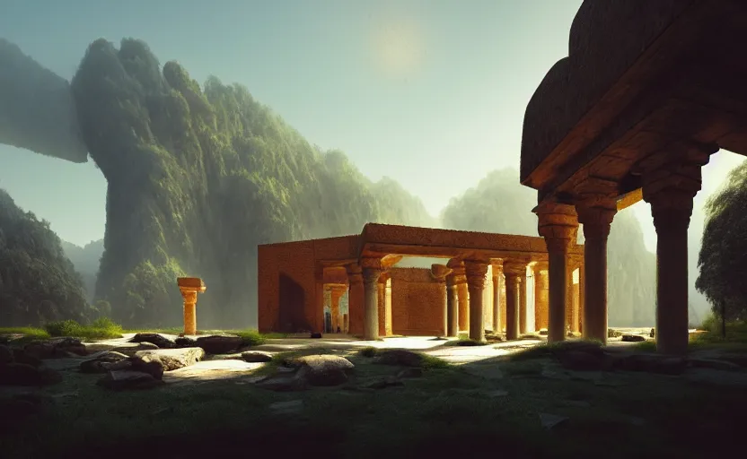 Image similar to exterior shot of utopian ancient persian temple hill with cinematic lighting by peter zumthor and renzo piano, darek zabrocki and greg ruthkowski, simon stalenhag, cinematic, holy place, paradise, scifi, futurism, atmospheric, concept art, artstation, trending on artstation