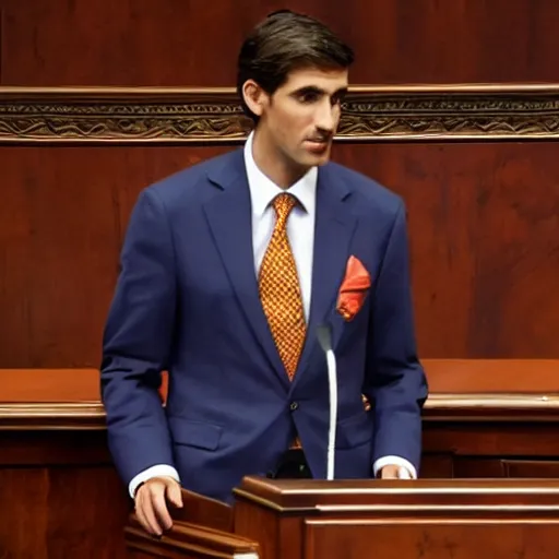 Image similar to a giraffe with a tie and pants on the spanish congressional stage