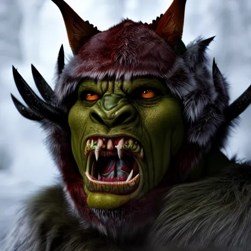 Prompt: A full body shot of a pretty orc threateningly staring into the camera wearing a fur jacket, full body shot, artstation, realistic, highly detailed, symmetrical, hyper realism, high detail, octane render, unreal engine, 8k, Vibrant colors