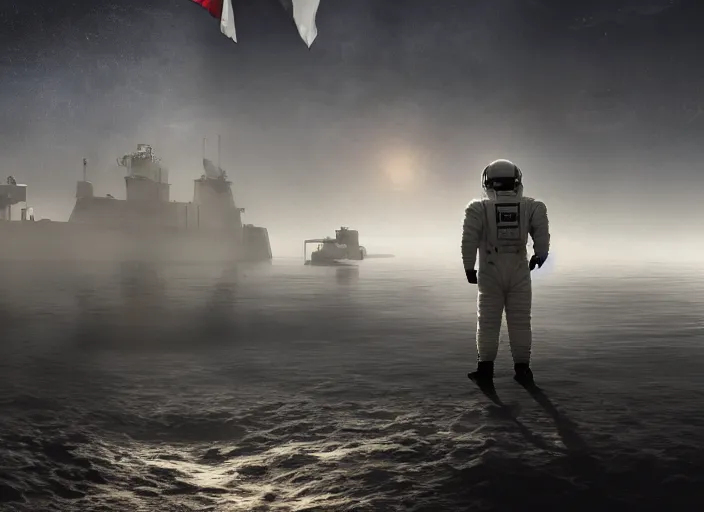 Image similar to astronaut holding a flag in an underwater desert. a submarine is visible in the distance. dark, concept art, cinematic, dramatic, atmospheric, 8 k, trending on artstation, blue, fish, low visibility, fog, ocean floor, christopher nolan, interstellar