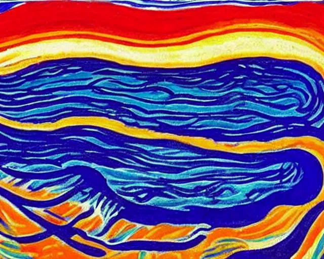 Image similar to Ocean waves in a psychedelic dream world. DMT. Landscape painting by Edvard Munch. David Hockney.