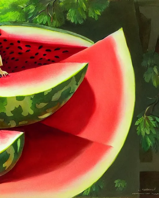 Image similar to an giant watermelon, cute pose, highly detailed, digital painting, artstation, concept art, smooth, sharp focus, illustration, art by artgerm and greg rutkowski and alphonse mucha