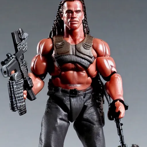 Image similar to a 12 inch action figure of Arnold Schwarzenegger from Predator. Big muscles. Holding an automatic rifle in his hands. Plastic shiny.