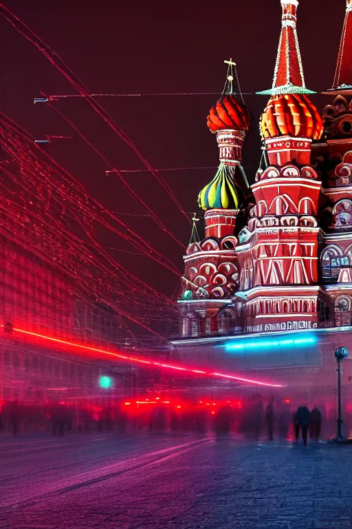 Image similar to neon streets of moscow with red square, 4 k, award winning photo, cyberpunk style