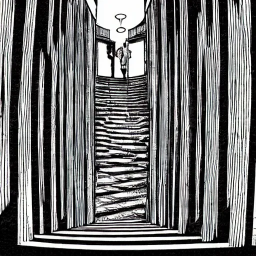 Image similar to a huge bright maze of many doorways and lots of stairs, artstation, Junji Ito, epic composition