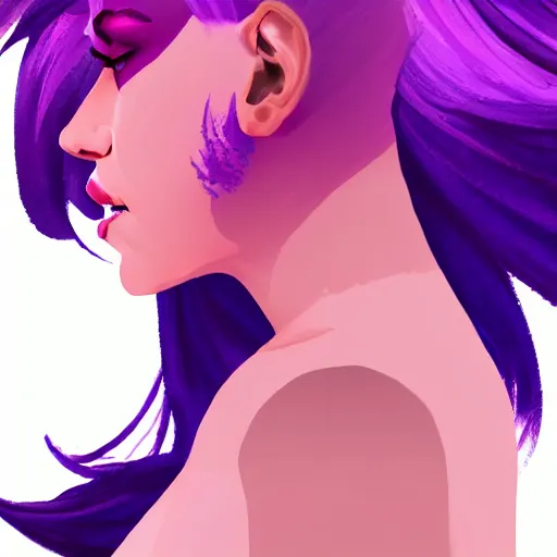 Image similar to a stunning upper body portrait of a beautiful woman with ombre purple and pink hair blowing in the wind by marvel comics, digital art, trending on artstation