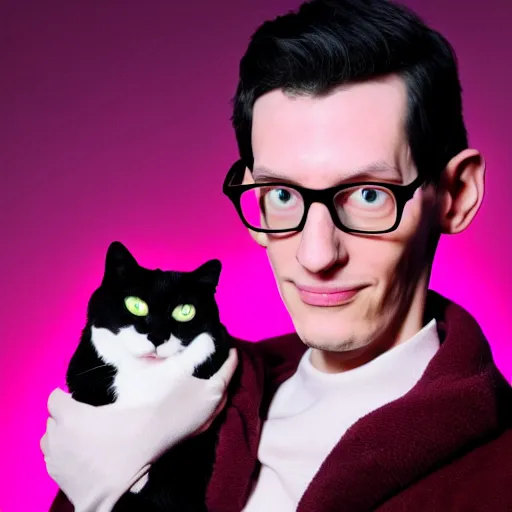 Prompt: portrait of neil cicierega holding his cat in the dark, red lighting, black background, their right eyes have lens flares, it's dark