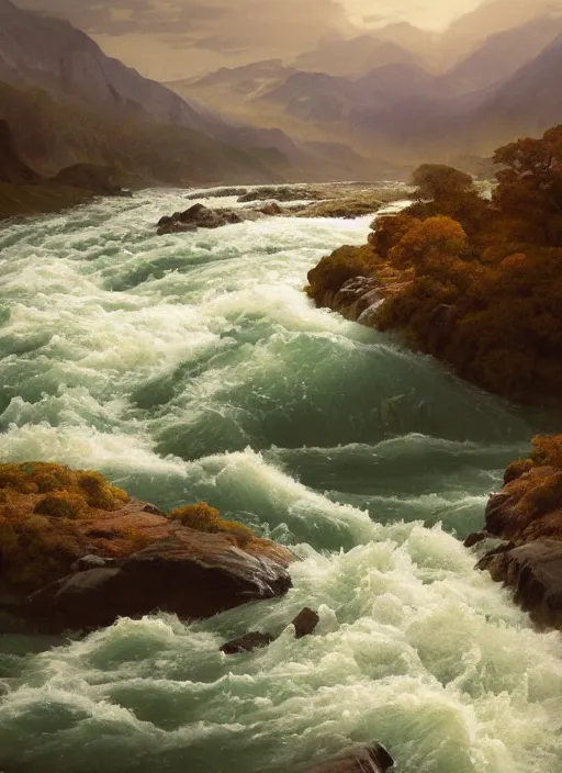 Prompt: a wide river with rapids and powerful currents, extremely detailed oil painting, unreal 5 render, rhads, sargent and leyendecker, savrasov levitan polenov, bruce pennington, studio ghibli, tim hildebrandt, digital art, landscape painting, octane render, beautiful composition, trending on artstation, award winning photograph, masterpiece