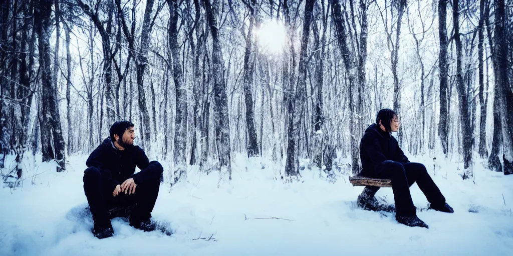 Prompt: survival in a winter forest, cinematic, cold tone, guy sitting down on log, anime