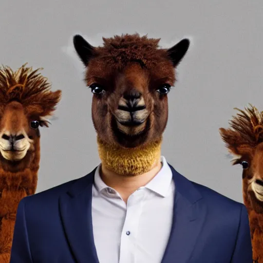 Prompt: a picture of half portrait of a young man in suit with an alpaca's head, symmetrical facial features, octane.