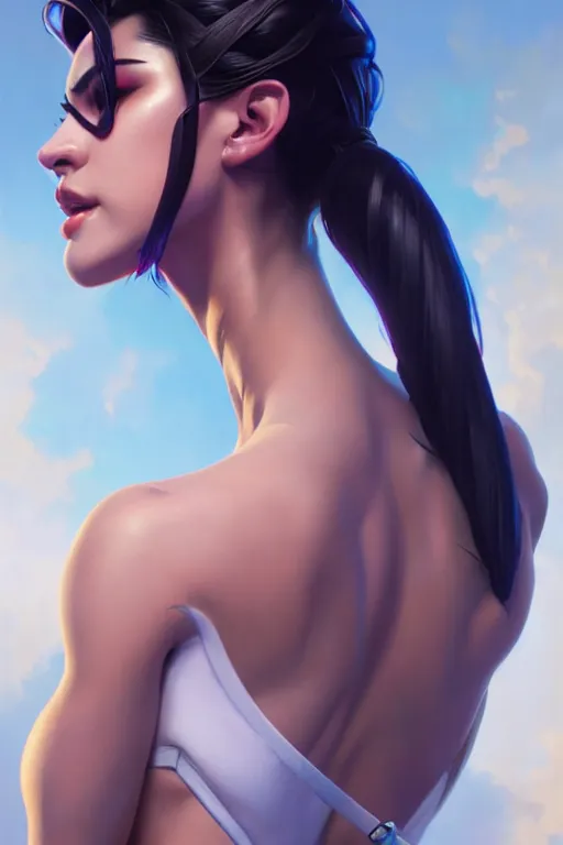 Prompt: painting of widowmaker from overwatch, closed swimsuit, white skin color, ultra realistic, sharp details, subsurface scattering, intricate details, warm lighting, beautiful features, highly detailed, photorealistic, octane render, 8 k, unreal engine, art by artgerm and greg rutkowski and alphonse mucha