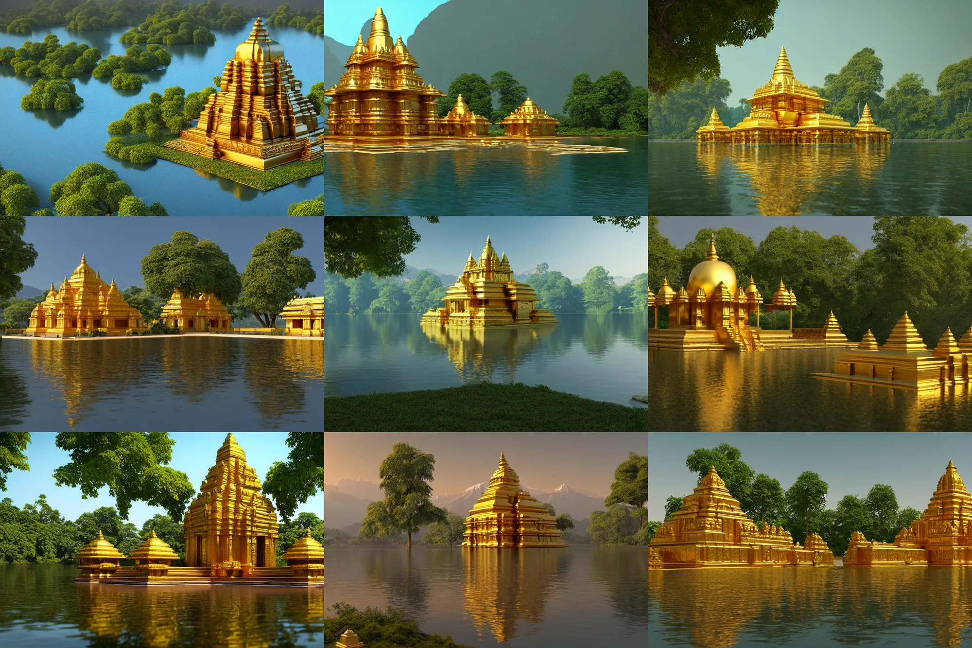 Prompt: an ancient hindu temple made of gold in serene environment alongside a beautiful lake, art deco, oak trees, himalayas, distant, high angle, wide angle, global illumination, trending on artstation, octane render, cgsociety, surrealist, cinematic, unreal engine 5