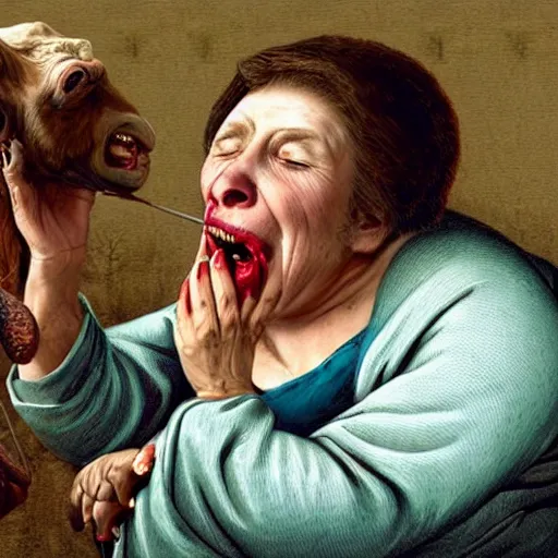 Prompt: a bizarre image of an old woman opening her mouth extremely wide and impossibly swallowing a whole goat