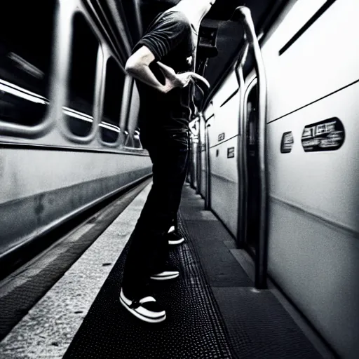 Image similar to tony hawk with no legs crying on a subway train, photograph, emotional lighting, moody shadows, 4 k