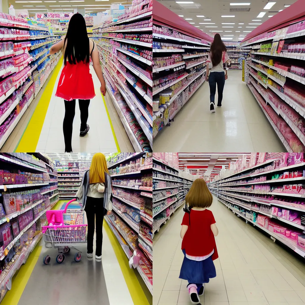 Prompt: anime girl walking down a Target aisle, photograph, very detailed