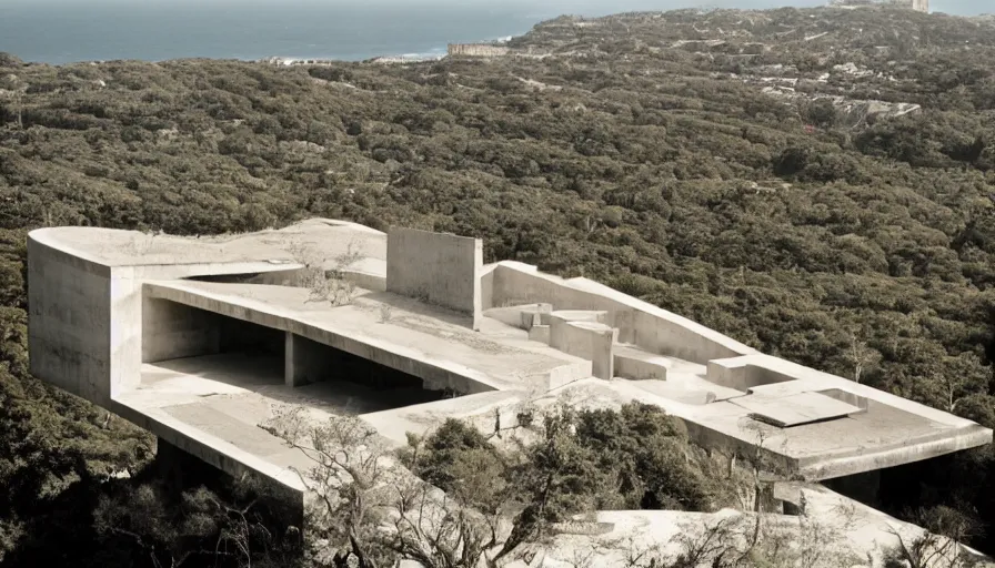 Image similar to big brutalist base perched on a cliff overlooking a magnificient bay, drawing architecture, pritzker architecture prize, greig fraser