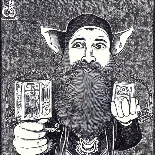 Image similar to elf with beard, holding a bomb, dnd, high detail, fantasy, in the style of vintage antique illustration and line drawing or engraving - c 9. 0