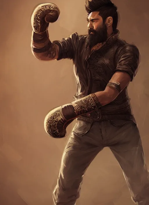 Prompt: a highly detailed illustration of bearded asian man wearing leather jacket with bandaged right hand, focused boxing philly shell stance pose, hands shielding face, backrooms background, intricate, elegant, highly detailed, centered, digital painting, artstation, concept art, smooth, sharp focus, league of legends concept art, WLOP