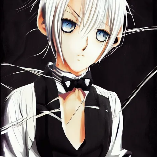 Image similar to Realistic illustration of an anime girl with short white hair and black eyes wearing tuxedo in the style of Yoshitaka Amano, abstract black and white background, film grain effect, highly detailed, Renaissance oil painting