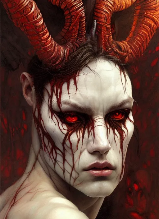 Image similar to half demon half human intricate skin pattern texture, elegant, peaceful, full body, white horns, hyper realistic, extremely detailed, dnd character art portrait, fantasy art, intricate fantasy painting, dramatic lighting, vivid colors, deviant art, artstation, by edgar maxence and caravaggio and michael whelan and delacroix.