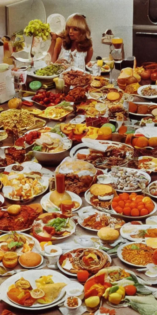 Prompt: a 70s photo of a spread of food sculptures