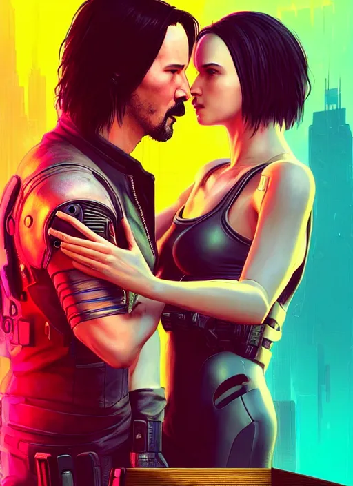 Image similar to a cyberpunk 2077 couple portrait of Keanu Reeves&female android in final kiss,love,film lighting,by Laurie Greasley,Lawrence Alma-Tadema,Dan Mumford,artstation,deviantart,FAN ART,full of color,Digital painting,face enhance,highly detailed,8K,octane,golden ratio,cinematic lighting