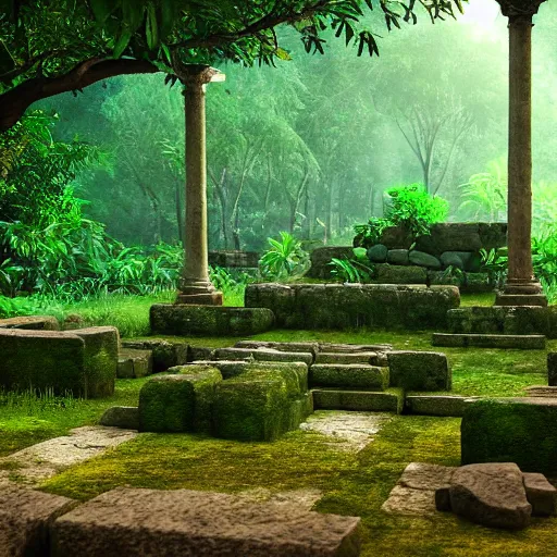 Image similar to ancient greek temple ruins in a lush rainforest, photorealistic, cinematic, filmic, volumetric lighting