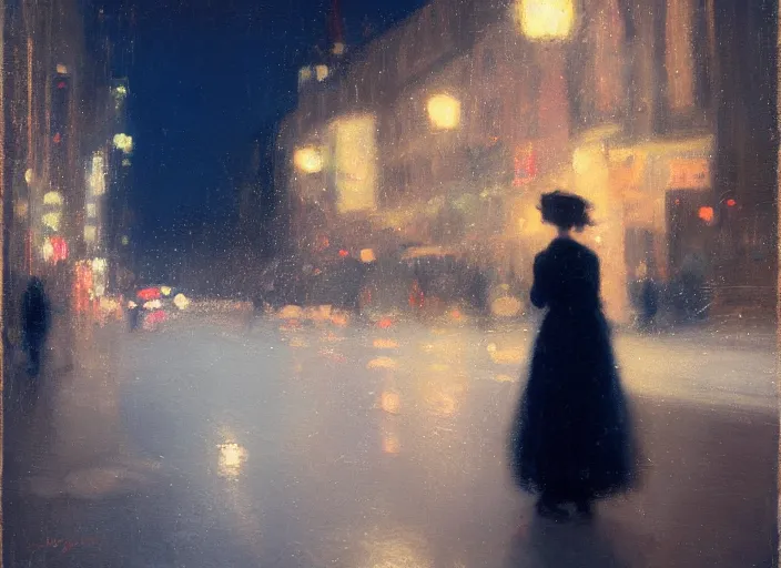 Image similar to detailed portrait of a woman in the city street at night, bokeh, long exposure, painting by jeremy lipking christopher doyle