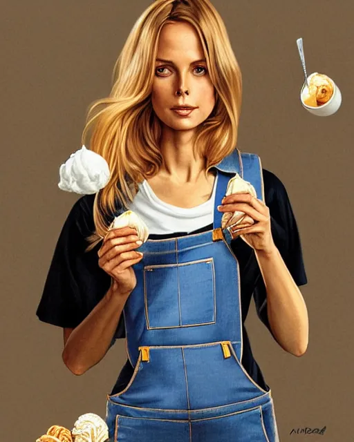 Image similar to portrait of a blonde barbara bach from the bond film wearing dungarees and eating ice creams in porto, real life skin, intricate, elegant, highly detailed, artstation, concept art, smooth, sharp focus, art by artgerm and greg rutkowski and alphonse mucha